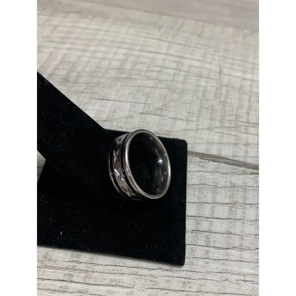 Stainless Steel Spinner Ring Black Enamel Star Etched Fidget Band Size 9.5